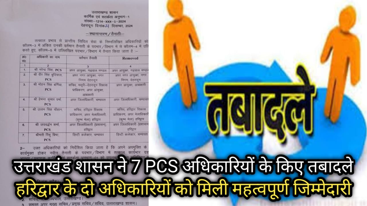 उत्तराखंड शासन ने 7 PCS अधिकारियों के किए तबादले, हरिद्वार के दो अधिकारियों को मिली महत्वपूर्ण जिम्मेदारी